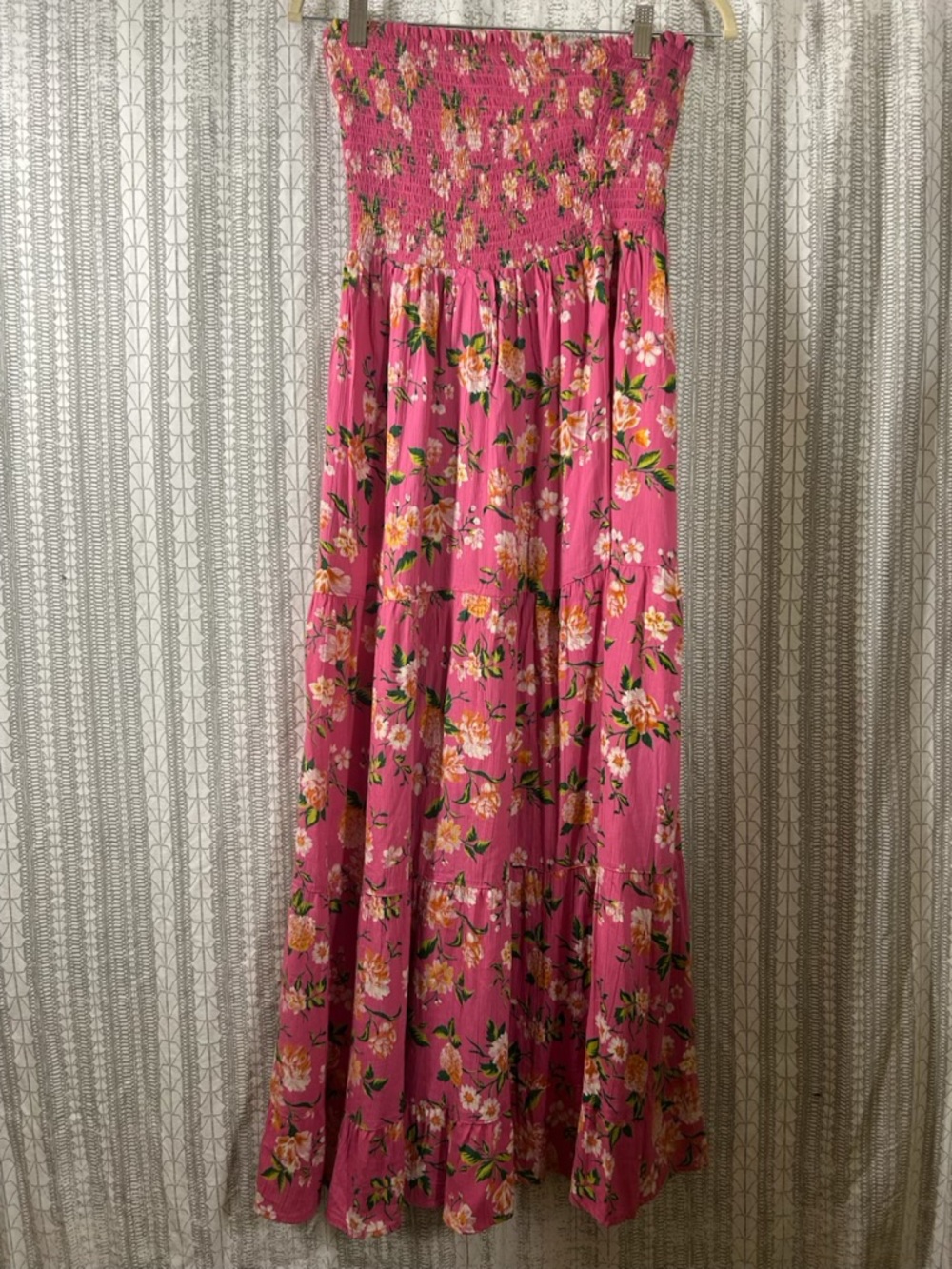 Angie Hot Pink Floral Strapless Smocked Maxi Dress